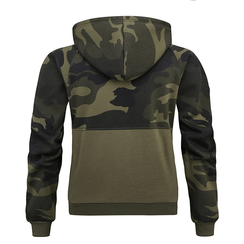 Back view of a men's camouflage hoodie with patchwork design, showcasing fleece material for warmth and alternative style.