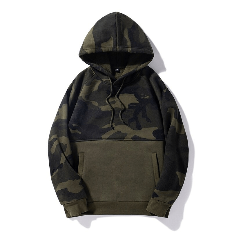 Men's camouflage fleece hoodie with patchwork design, perfect for alternative fashion and warmth.