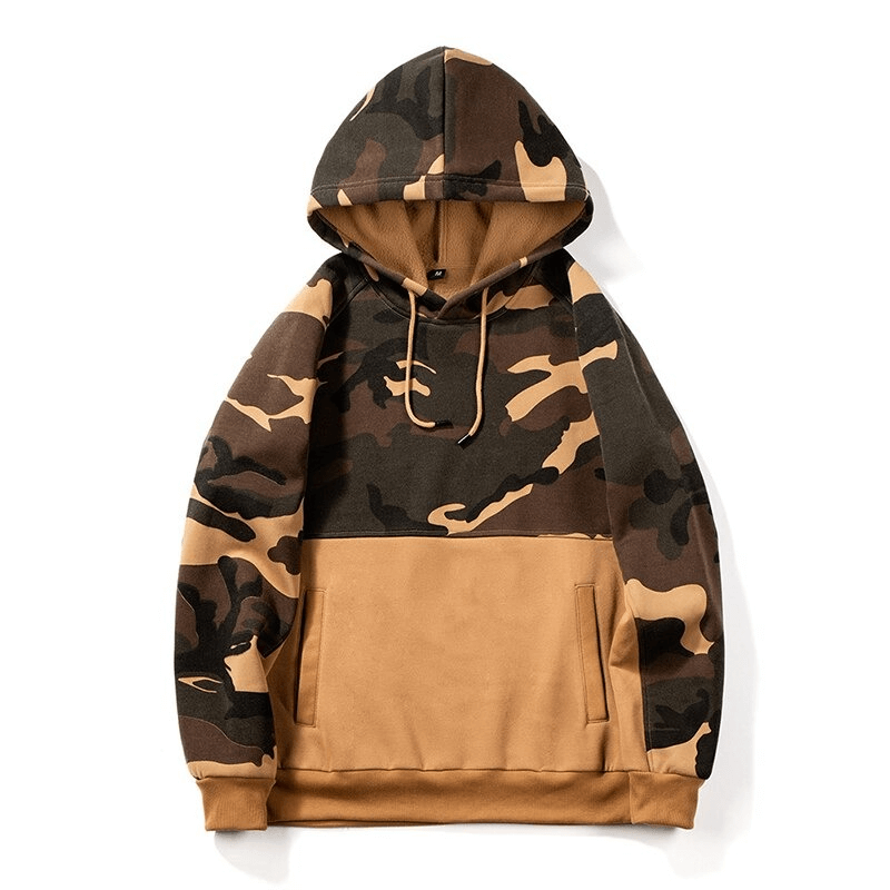 Men's fleece camouflage hoodie with patchwork design, perfect for alternative fashion and warmth.