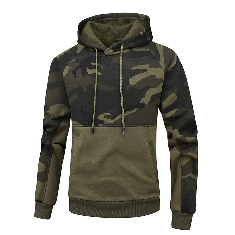 Men's fleece camouflage hoodie with patchwork design, perfect for alternative fashion and warmth.