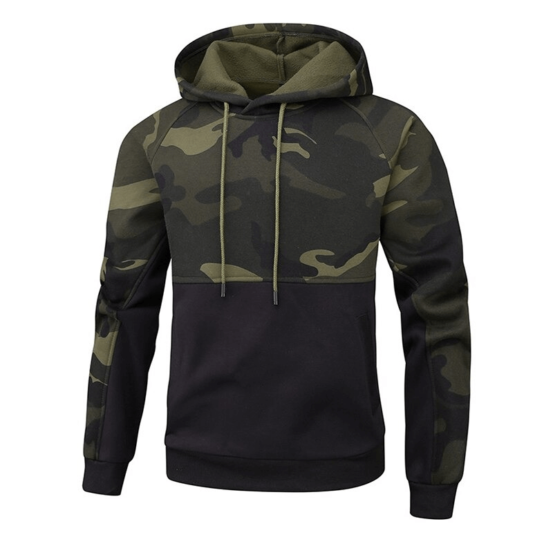 Men's camouflage fleece hoodie with patchwork design, perfect for alternative fashion outfits.