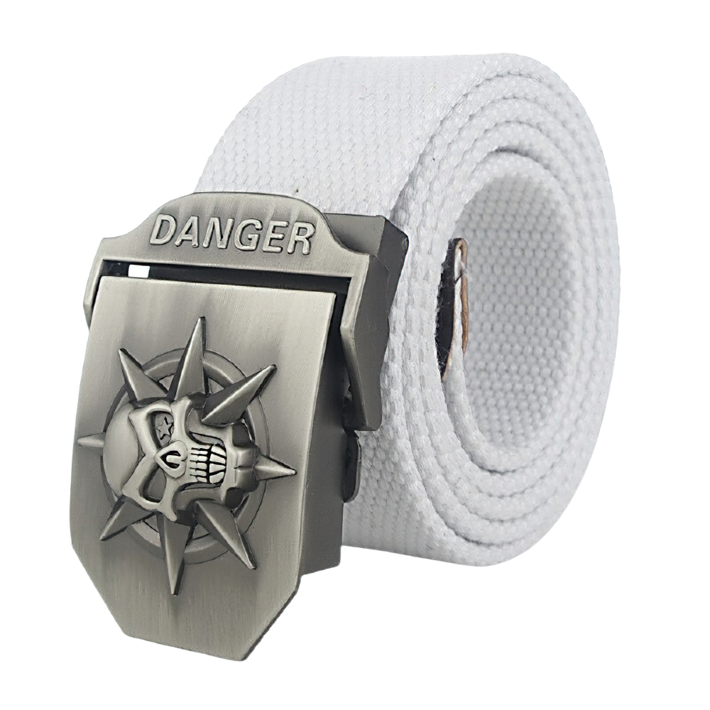Unisex canvas belt with skull buckle and danger engraving, perfect punk style accessory.