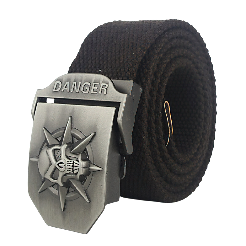 Unisex canvas belt with skull print buckle and danger text, perfect for punk style fashion.