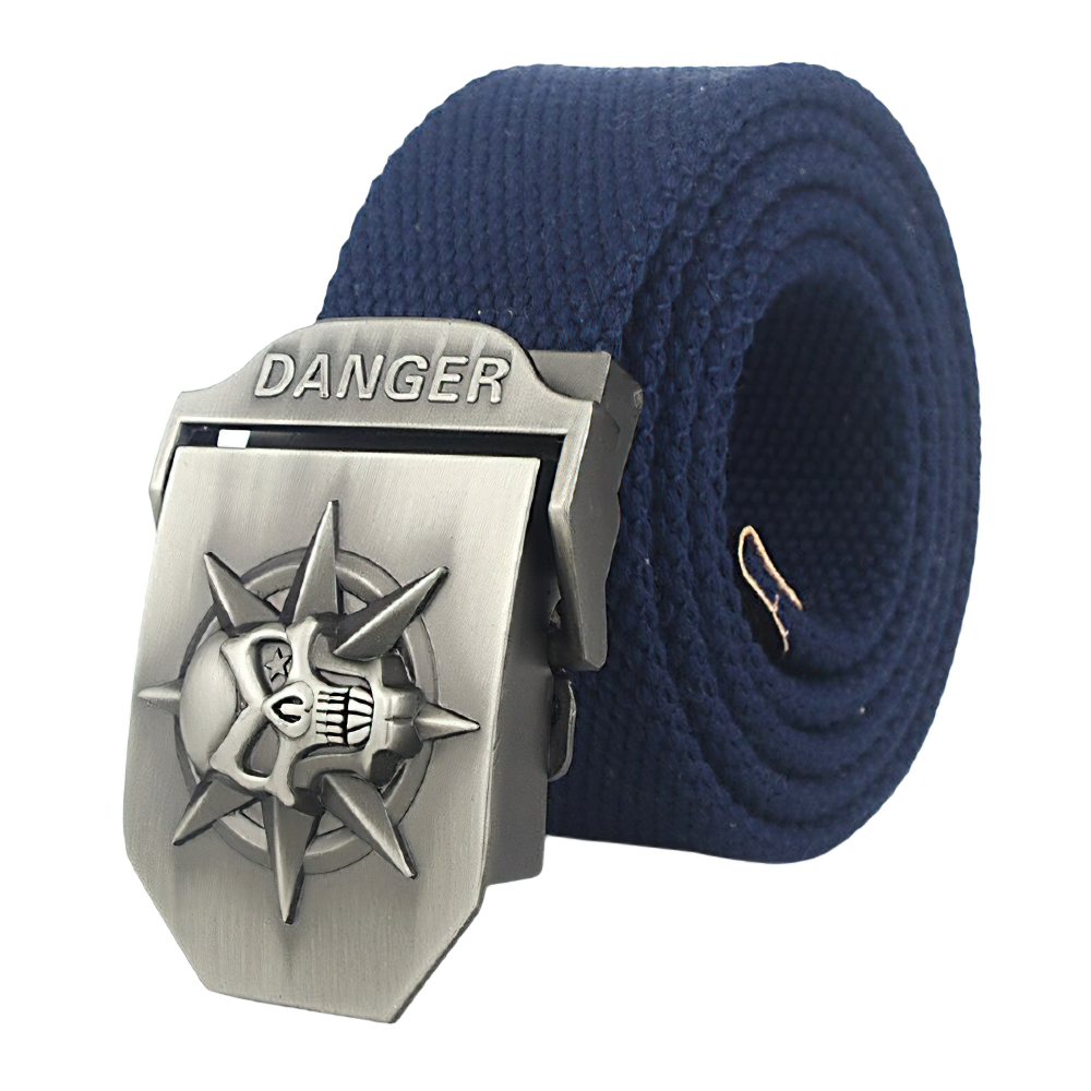 Unisex navy canvas belt with a skull and danger emblem buckle, perfect for a punk style look.