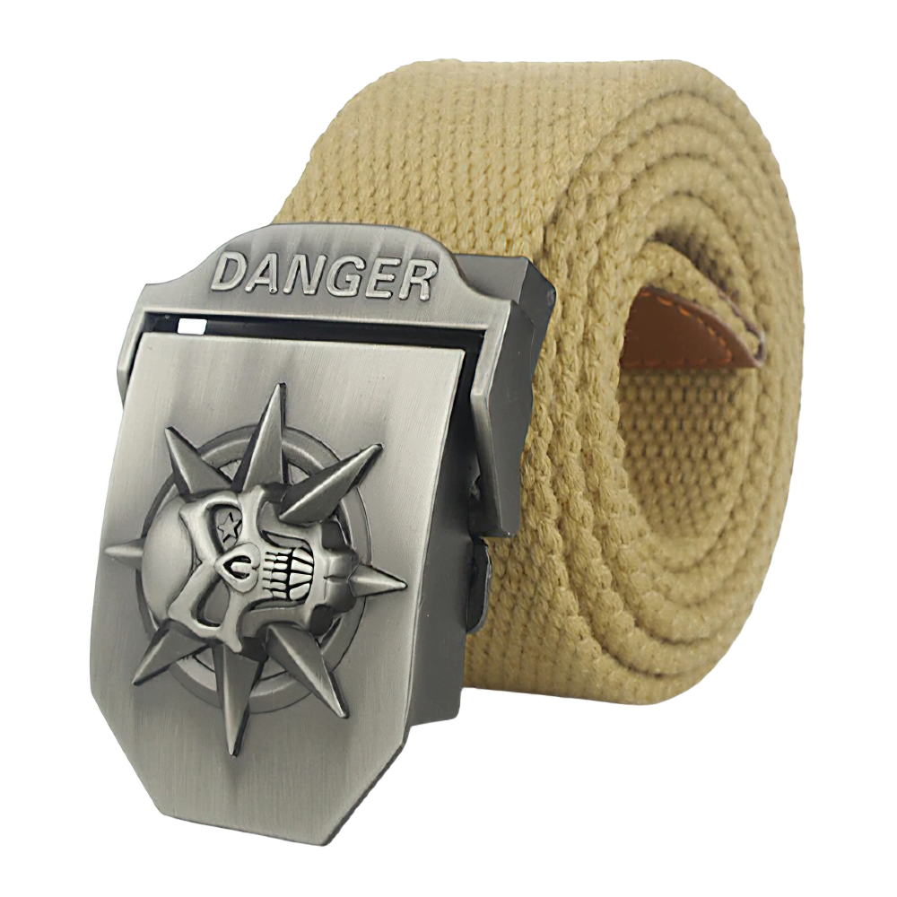 Unisex canvas belt with skull buckle and 'DANGER' engraving, perfect for punk style lovers.