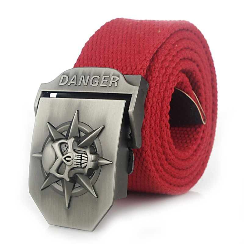 Unisex red canvas belt with skull print buckle and 'DANGER' design, perfect for punk style outfits.