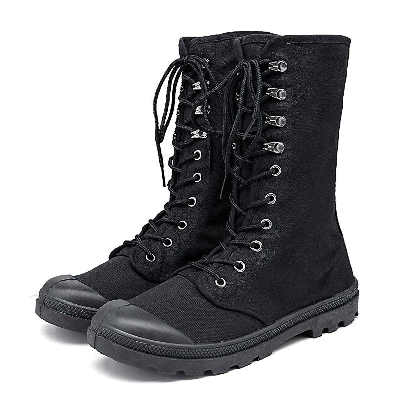 Black canvas lace-up mid-calf military tactical boots for men, stylish and durable for casual wear.