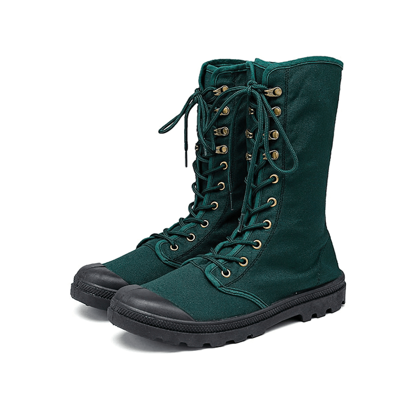 Green canvas lace-up mid-calf men's military tactical boots with comfortable fit and stylish design.