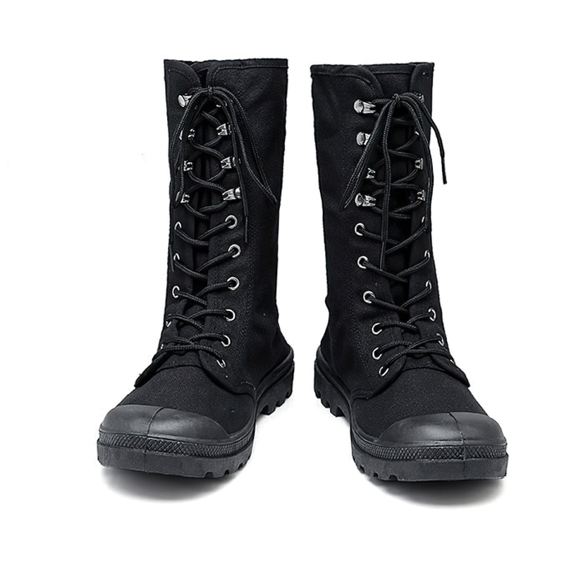 Stylish black canvas mid-calf lace-up military boots for men, perfect for casual wear and outdoor adventures.
