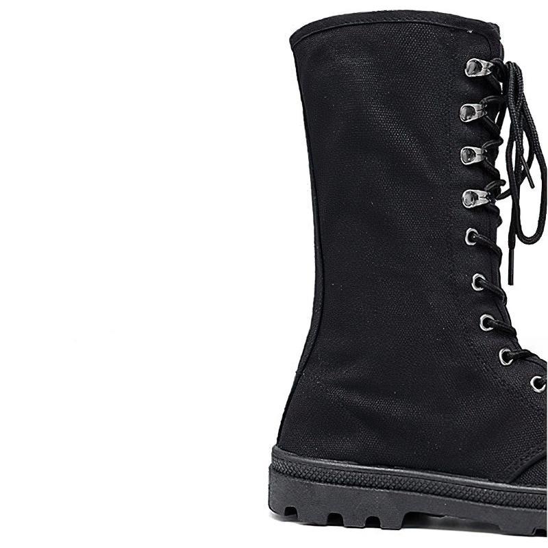Black canvas lace-up mid-calf tactical boots for men with durable soles, perfect for casual and military styles.