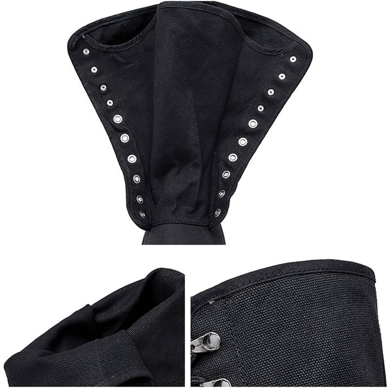 Close-up of black canvas boot collar with lacing and rivets for easy adjustment and style.