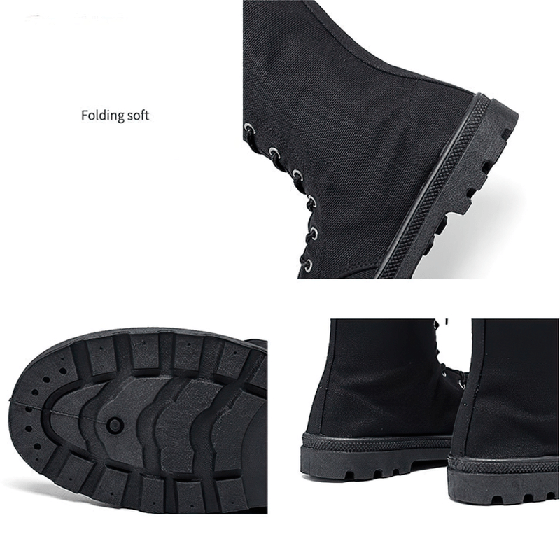 Close-up of black canvas men's tactical lace-up boots showing soft folds and textured rubber sole.