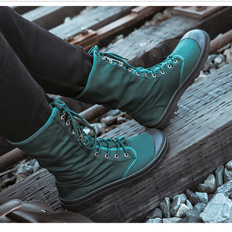 Men's canvas lace-up mid-calf tactical boots in green, perfect for casual style and comfortable wear.
