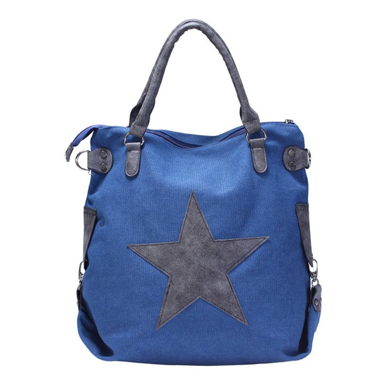 Canvas Women Shoulder Bag with Star on Front / Large Capacity Matte Leather Vintage Style Women Bag - HARD'N'HEAVY
