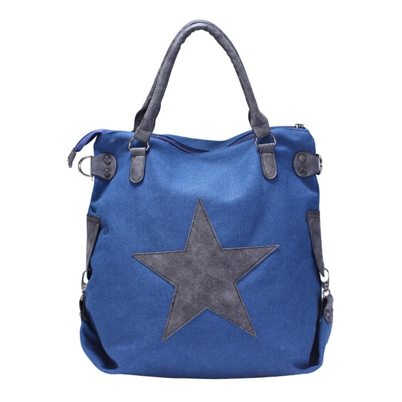 Canvas women shoulder bag in blue with star design, large capacity for essentials, perfect vintage style accessory.