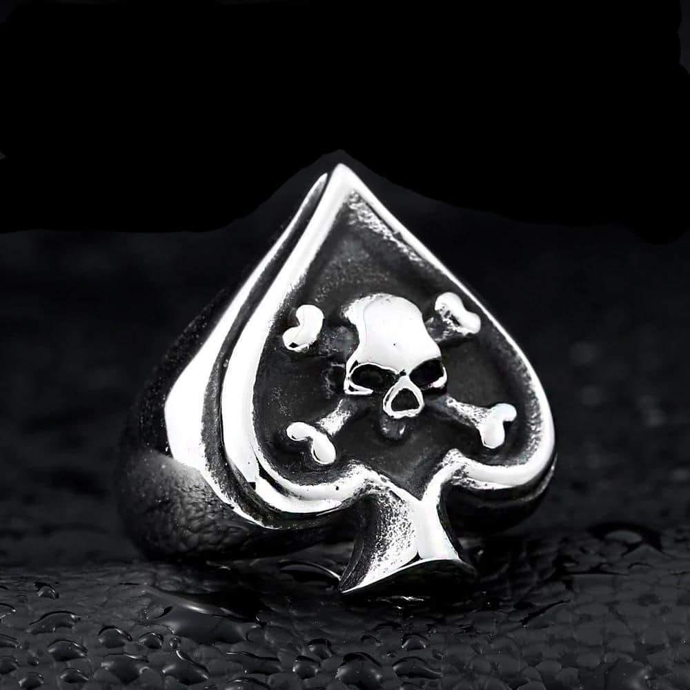 Retro Card Cross Skull Ring in stainless steel, featuring a skull design with crossbones for a bold rock style look.