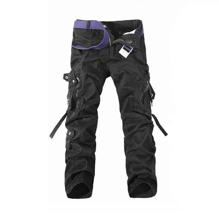 Men's black cargo pants with multiple pockets, perfect for tactical use and everyday style.