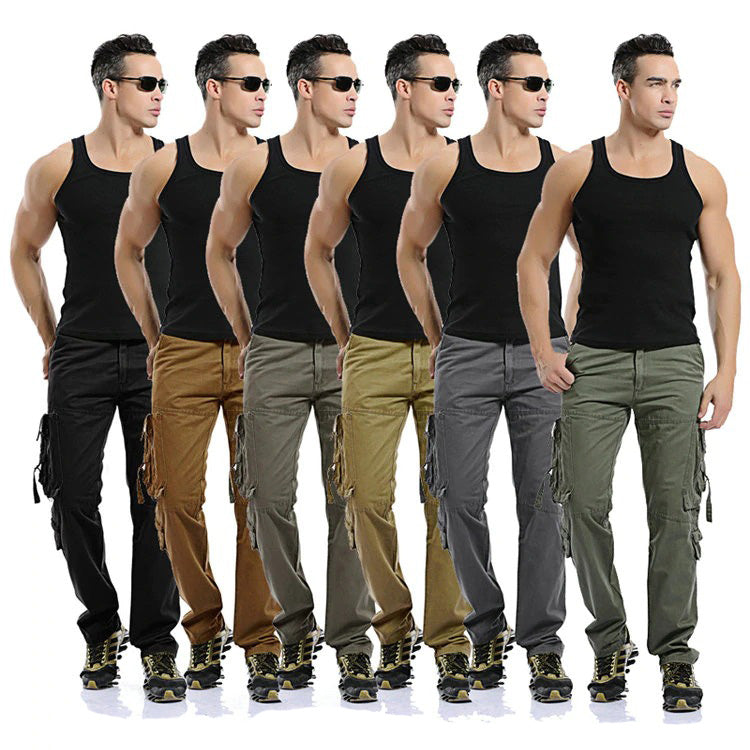 Men's cargo pants in various colors with big pockets, perfect for casual or tactical wear, showcasing military fashion.