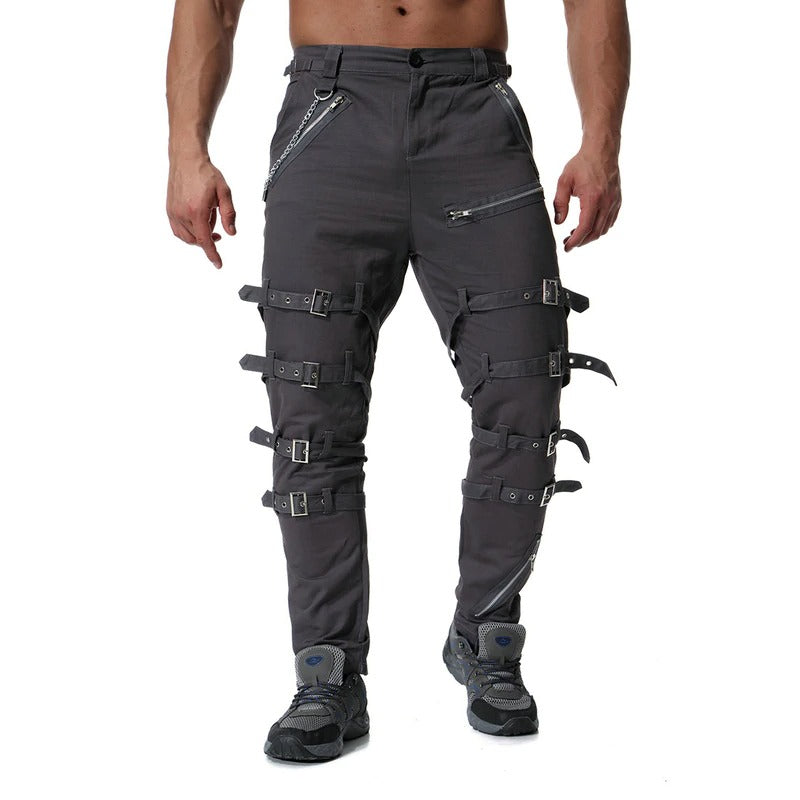 Men's cargo pants featuring metal zippers, buckles, and a stylish streetwear design, perfect for casual outings.