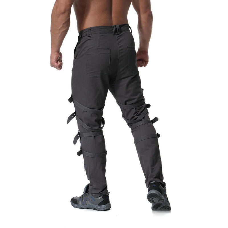Back view of men's cargo pants with stylish metal zippers and decorative buckles, perfect for casual streetwear.