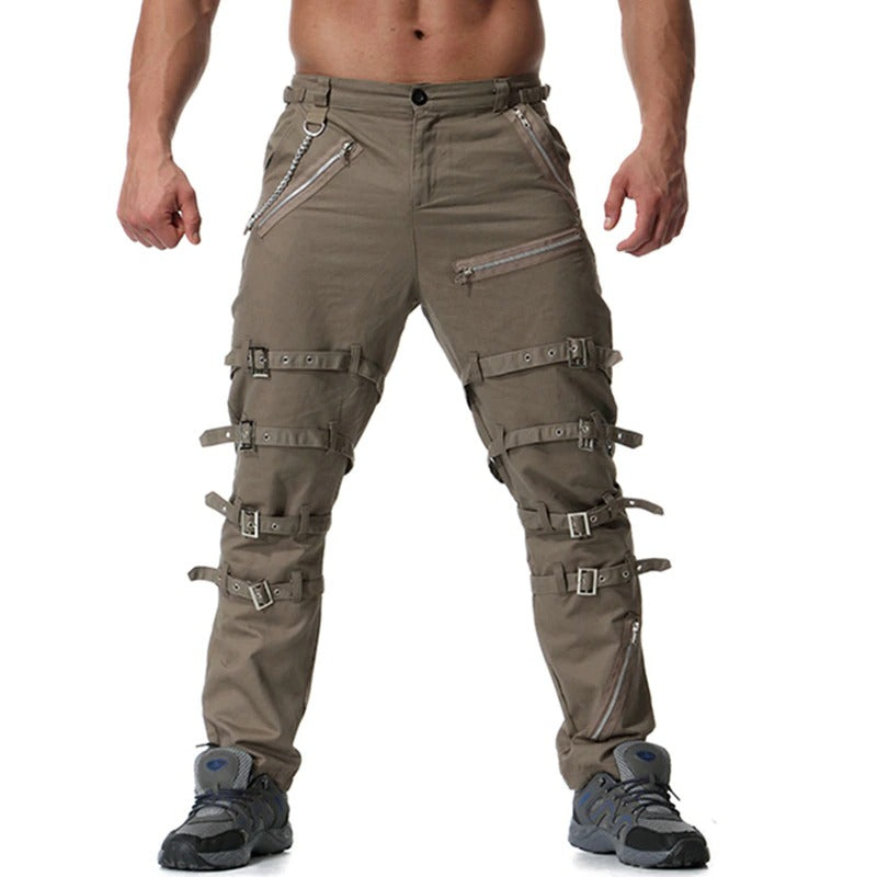 Men's stylish cargo pants with metal zippers and decorative buckles for a trendy streetwear look.
