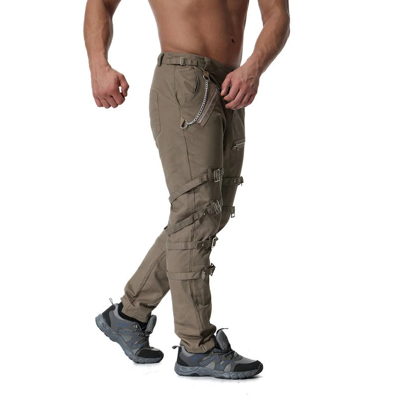 Men's cargo pants with metal decoration zippers, chains, and buckles in casual streetwear style.