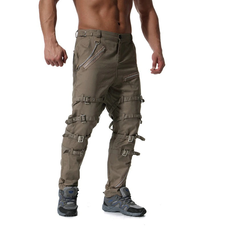 Men's cargo pants with metal zippers and decorative buckles, perfect for casual streetwear style.