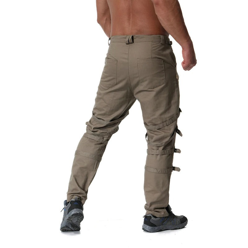 Men's cargo pants with metal zippers, buckles, and chains, perfect for casual streetwear style.