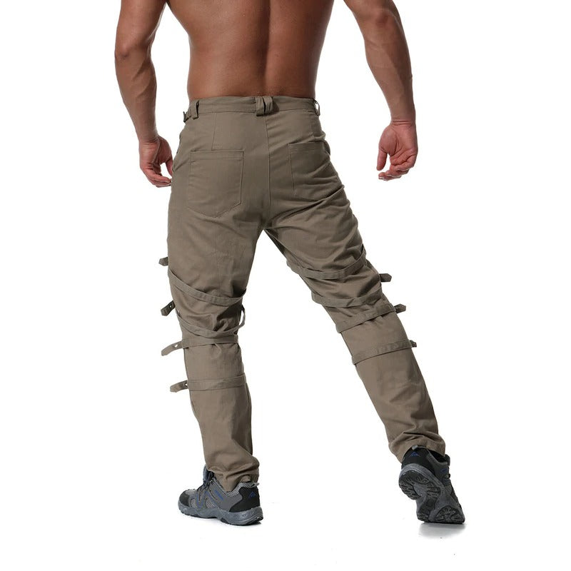 Back view of men's cool cargo pants with zippers and buckles, perfect for casual streetwear and outdoor adventures.