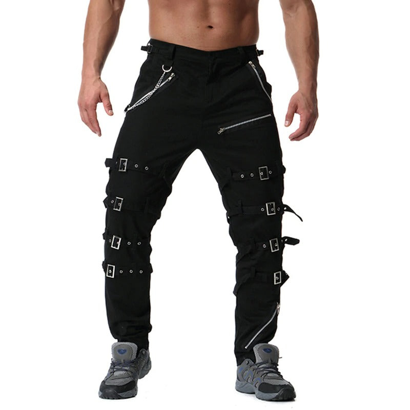 Men's black cargo pants with zippers, chains, and buckles for stylish streetwear look.
