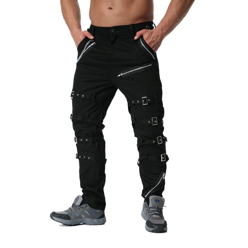 Men's cargo pants with metal zippers and buckles, perfect for streetwear and casual style.