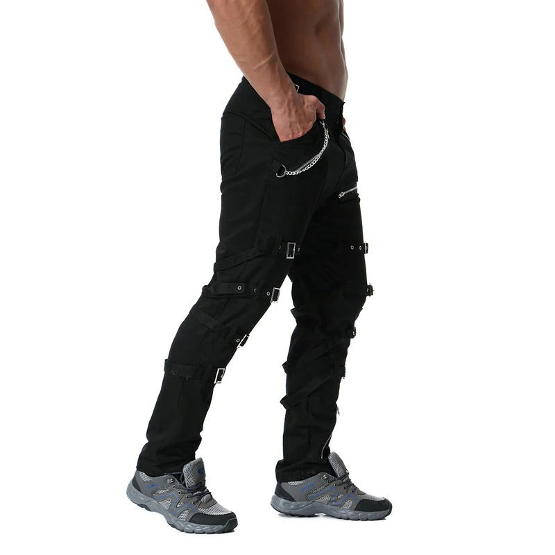 Men's cargo pants with metal zippers and chains, perfect for trendy streetwear and casual style.