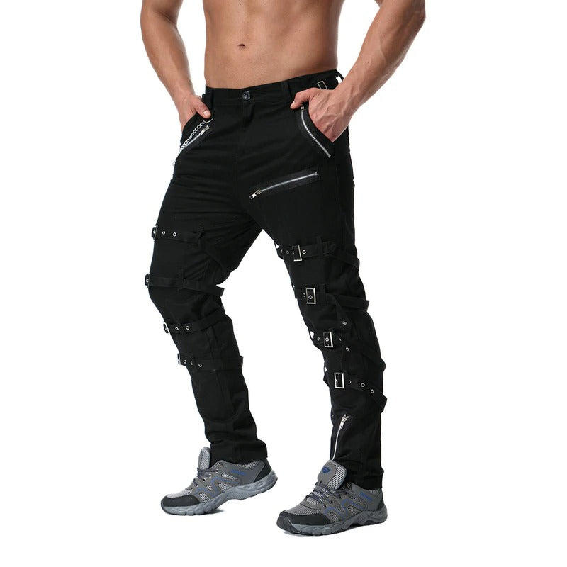 Men's cargo pants with metal zippers and chains, perfect for casual streetwear style.