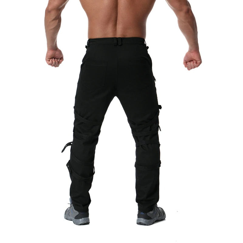 Men's black cargo pants with metal zippers and buckles, perfect for casual streetwear and stylish outfits.