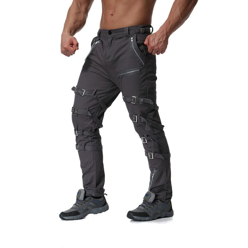 Men's cargo pants featuring stylish metal zippers and buckles, perfect for trendy streetwear and casual outings.
