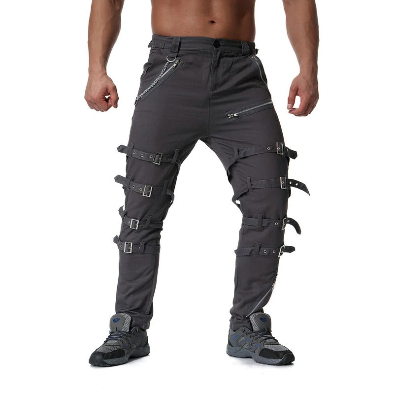 Men's cargo pants with metal zippers and stylish buckles in casual streetwear design for a cool look.