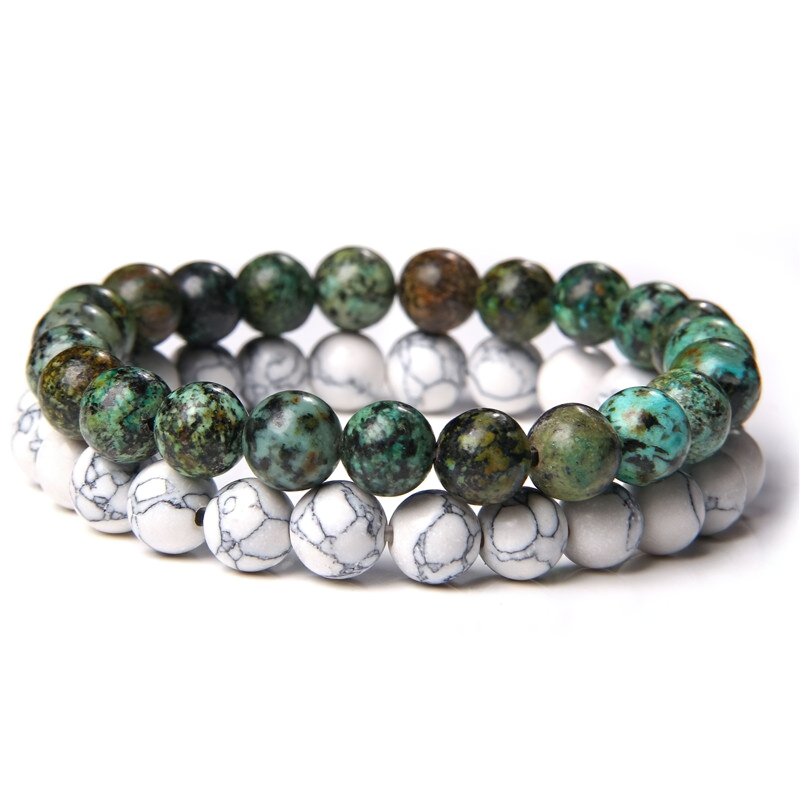 Stylish unisex natural bead bracelet in green and white, perfect for casual fashion accessories.