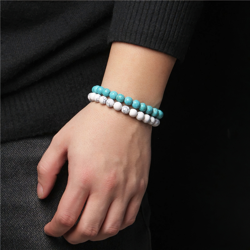 Unisex casual bangle bracelet featuring natural beads in turquoise and white, perfect for alternative fashion accessories.