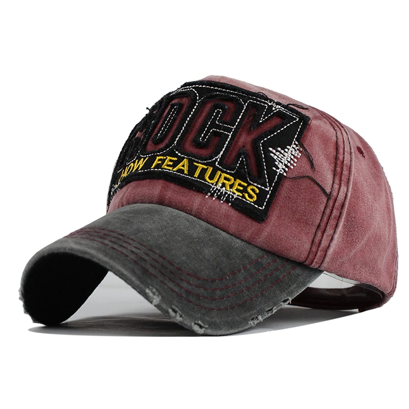 Stylish unisex baseball cap with embroidered 'ROCK' design in red and black, perfect for a rock-inspired look.