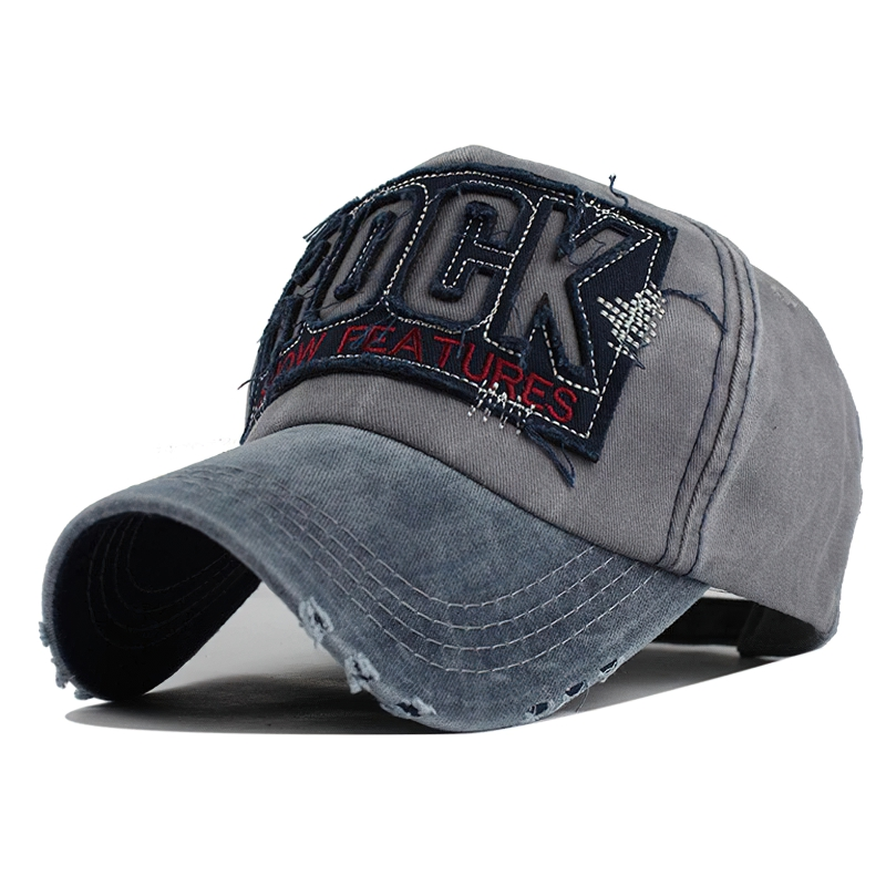 Stylish unisex baseball cap with rock embroidery in gray denim, perfect for modern accessories and casual outings.