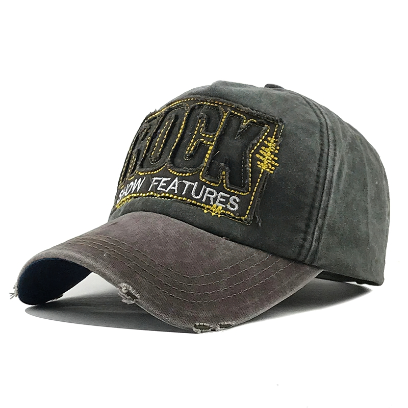 Stylish unisex baseball cap with rock embroidery, featuring a sun-faded denim look and adjustable snapback.
