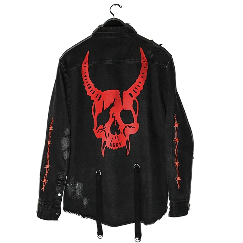 Men's black denim jacket with oversized fit, featuring a striking red skull and horn print on the back and edgy details.