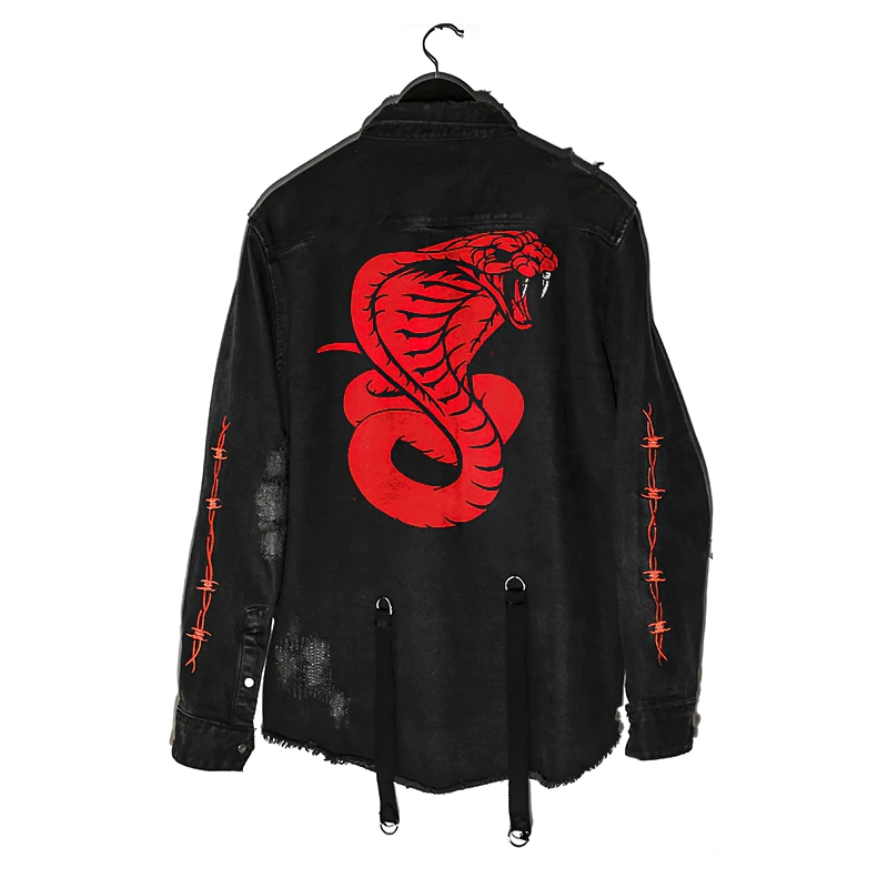 Black denim jacket for men featuring a striking red snake graphic on the back and gothic style design.