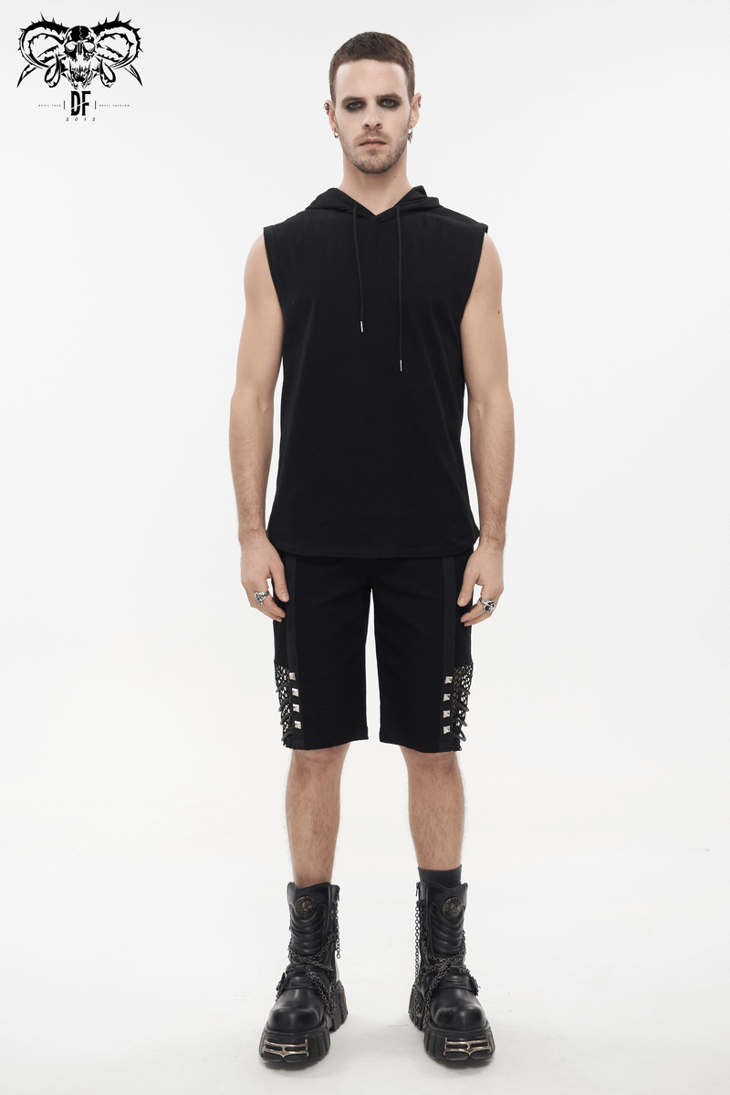 Casual Black Hoodies for Men / Gothic Sleeveless Solid Top with Oversized Hood