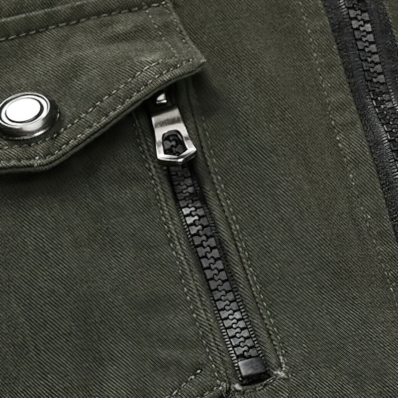 Close-up view of the zipper and button details on a men's army cotton bomber jacket in olive green.