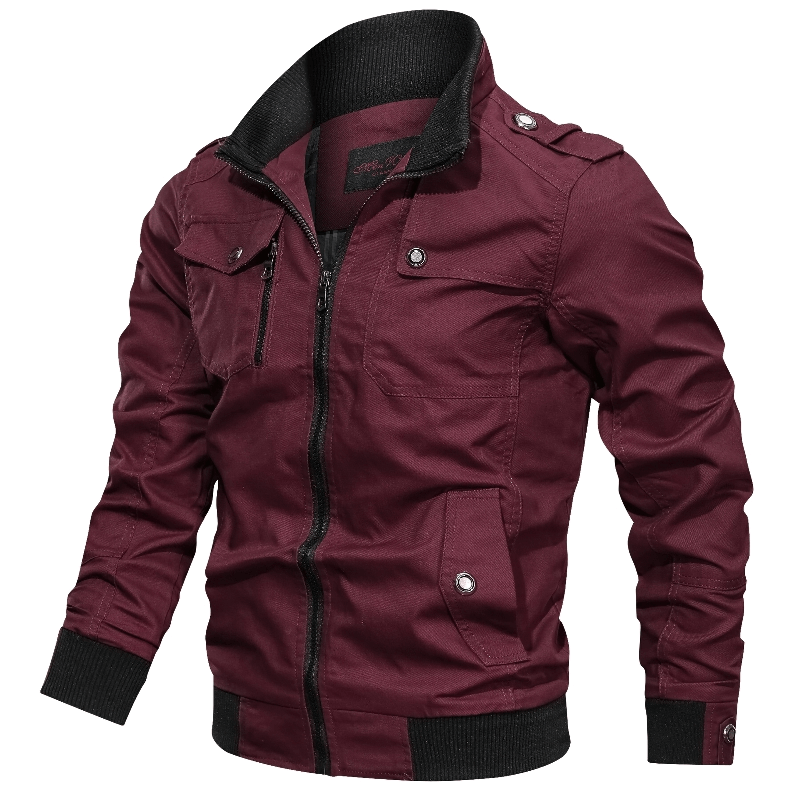 Stylish men's army cotton bomber jacket in burgundy with zipper and pockets, perfect for casual military fashion.