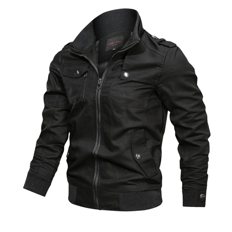Men's black army cotton bomber jacket with stylish modern cut and military design for casual wear.