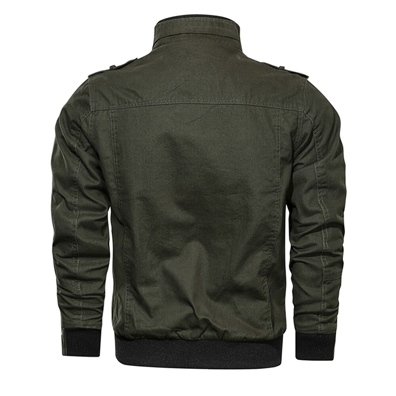 Back view of men's army cotton bomber jacket in stylish military green fabric.