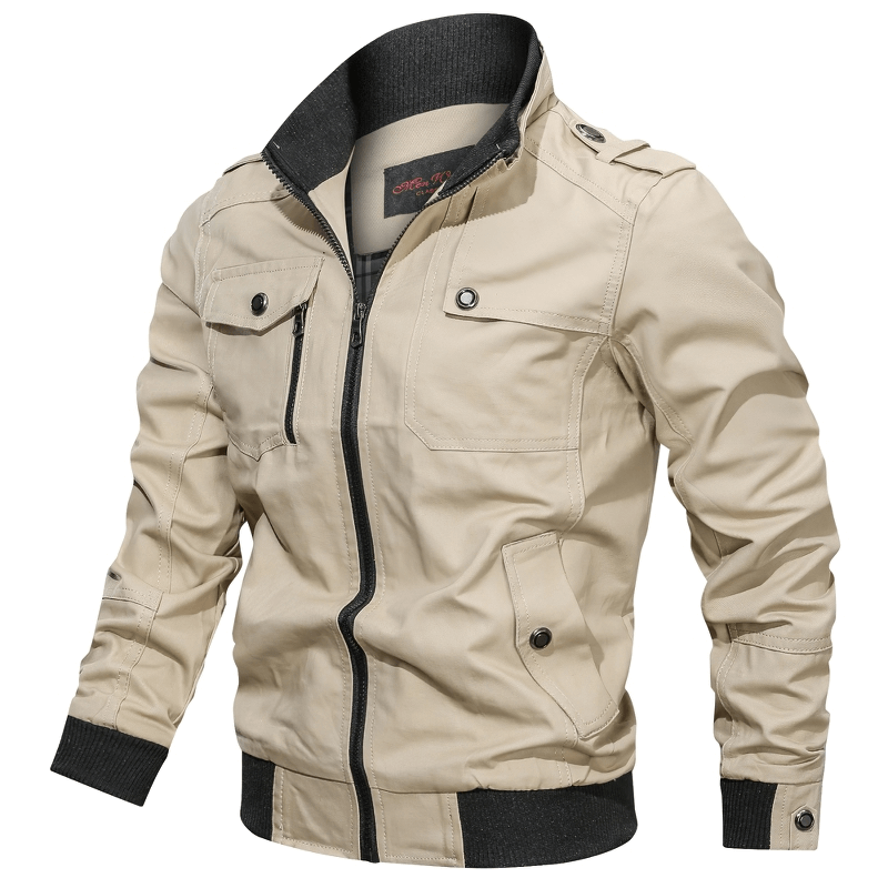 Men's casual bomber jacket in beige with military style and modern cut, perfect for stylish outfits.