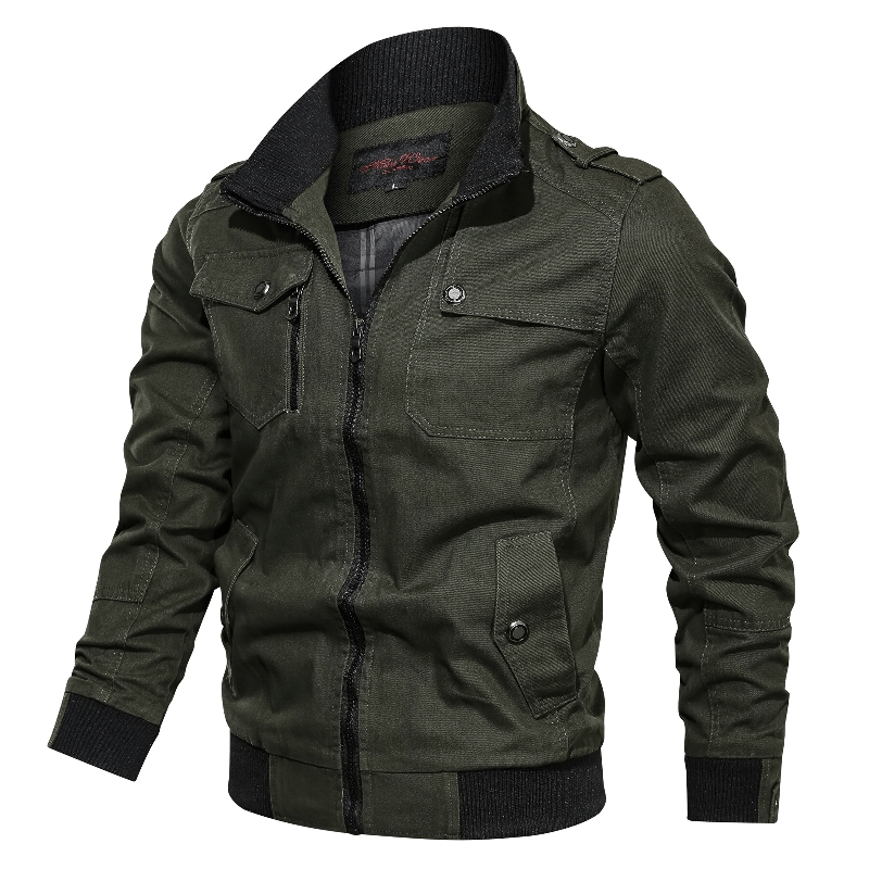 Men's casual bomber jacket in army green, featuring a stylish cut and military-inspired design.